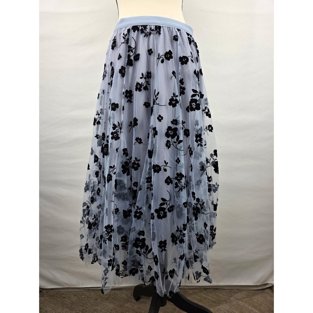 Chicwish Blue Tulle Mesh Flocked Velvet Floral Midi Skirt Womens Small